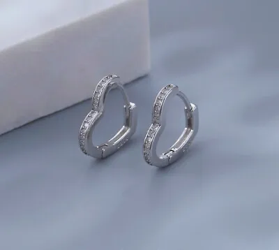Buy Crystal Heart Hoop Stud Earrings 925 Sterling Silver Womens Girls Jewellery Gift • 3.49£