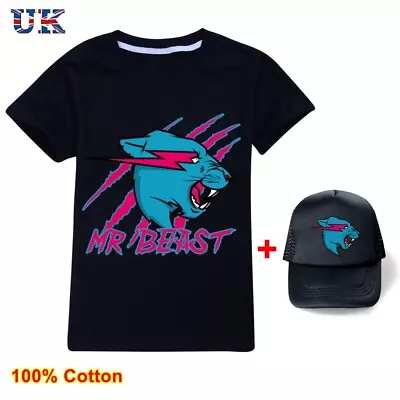 Buy 2PCS Set Kids Mr Beast Lightning Cat Short Sleeve T-shirt+Cap Suits Cotton Tops • 12.69£