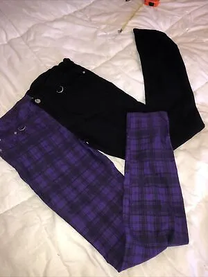 Buy Banned Apparel Half Black- Purple Check Skinny Jeans XL 12-14 Emo Punk 90s Y2k • 39.99£