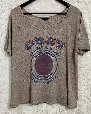Buy EUC Obey Woman’s Sz Large Color Gray Short Sleeved Long T-Shirt All City Champs • 12.27£