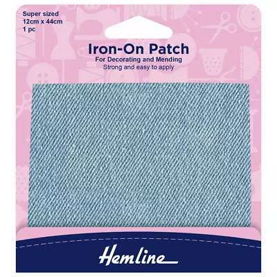 Buy Hemline Iron On Repair Jean Patches XL Size Denim Mending Light Blue 12cm X 44cm • 3.10£