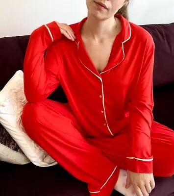 Buy Womens Gift Pyjamas Soft Long Sleeve Button Down Piping Wide Leg Red Size 4-20 • 15.99£