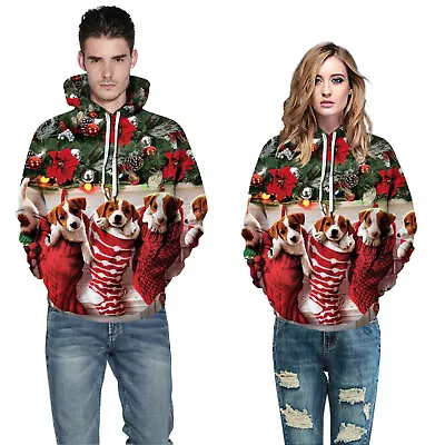 Buy Couples Women's Men's Christmas 3D Realistic Printed Cute Dog Hoodies Pullovers • 20.51£