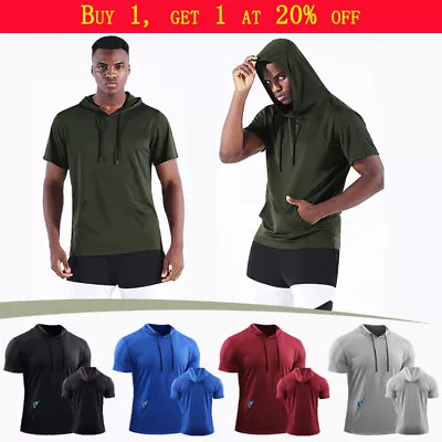 Buy Mens Hoodie Fitness Tee Short Sleeve Hooded Sport T Shirt Summer Sportswear Tops • 10.88£