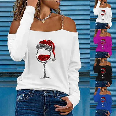 Buy Christmas Women Strappy T-Shirt Cold Shoulder Long Sleeve Xmas Blouse Size 16 • 13.49£