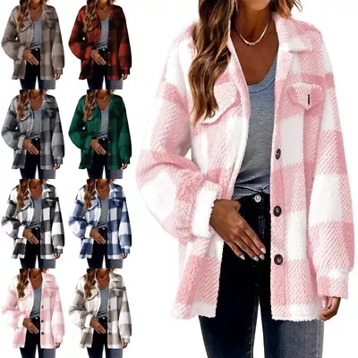 Buy Women Check Fleece Jacket Shacket Tops Ladies Plaid Shirt Coat Button-up Outwear • 16.99£