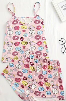 Buy Ladies Soft Cute Pink Donut Print Cami & Short Pyjama Set  - S, M, L, XL • 7.99£