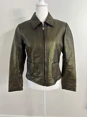 Buy Petite Sophisticate Womens Metallic Green Genuine Leather Bomber Flight Jacket • 62.73£