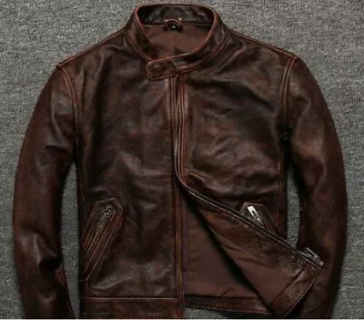 Buy Mens Vintage Dark Brown Distressed Real Soft Sheep Leather Slim Fit Band Jacket • 20.30£