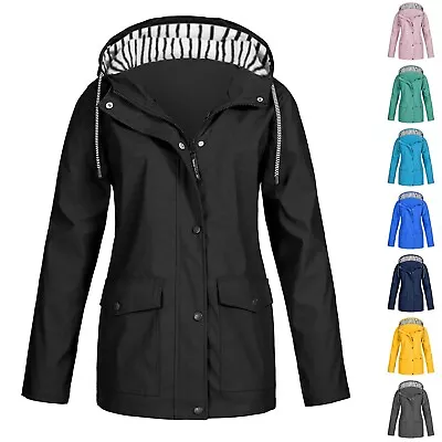 Buy Women Solid Color Rain Jacket Outdoor Plus Waterproof Hooded Raincoat Windproof • 15.60£