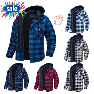Buy Mens Plaid Flannel Shirt Hoodie Soft Fuzzy Fleece Sherpa Lined Zip-Up 4 Pocket * • 9.25£