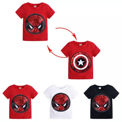 Buy Kids Boys Spiderman Print Short Sleeve T-Shirt Summer Casual Sequins Basic Tee. • 9.96£