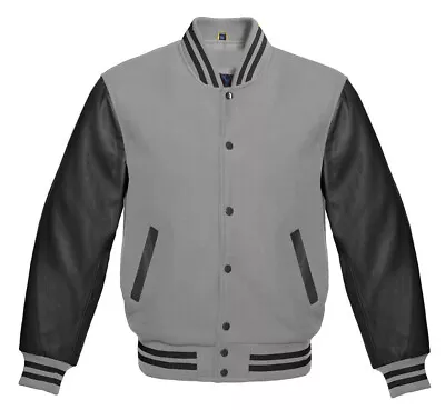 Buy Men's Varsity Letterman Baseball Gray Wool & Pure Black Leather Sleeves Jacket • 99.01£