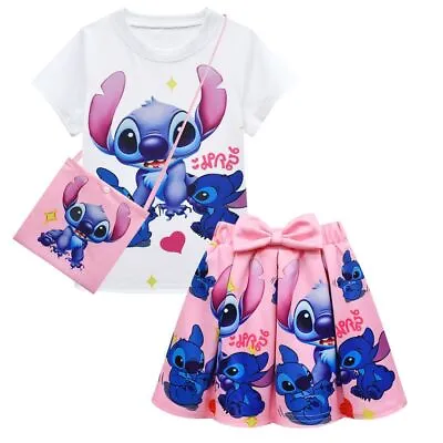 Buy Girls Lilo Stitch Costume T-Shirt Top Pleated Skirt Outfit Party Fancy Dress UK • 7.59£
