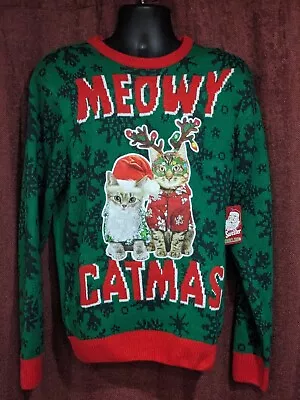 Buy New Ugly Christmas Party Sweater December 25 Meowy Catmas Medium Reindeer Cats  • 14.24£