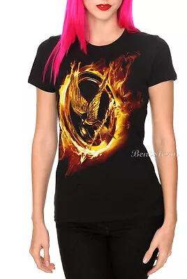 Buy HUNGER GAMES FLAMING Mockingjay Ladies T Shirt Tee Mocking Jay Tultex Hot Topic • 24.05£