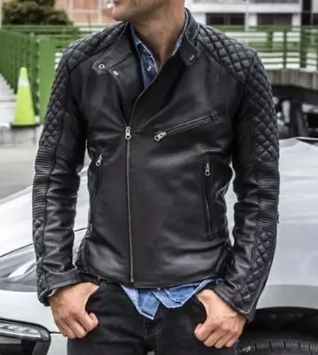 Buy Cafe Racer Retro Mens Motorcycle Black Biker Vintage Genuine Real Leather Jacket • 99.99£