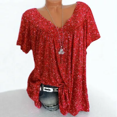 Buy Ladies Short Sleeve V Neck Tee T Shirt Womens Casual Loose Blouse Tops Plus Size • 8.29£