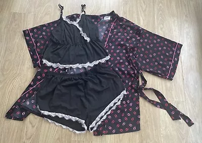 Buy Sexy Black Satin Dressing Gown Robe With Lip Print & Free Cute Shorty Pyjamas 18 • 9.99£