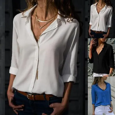 Buy Womens Long Sleeve Plain Shirts Button Up Ladies Work Casual Office Blouse Tops • 2.29£