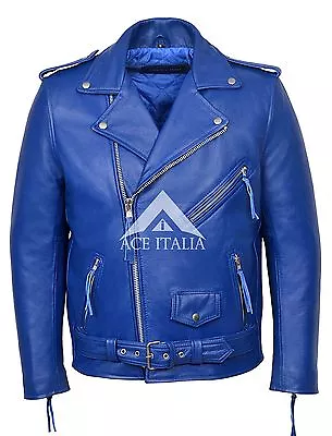 Buy BRANDO BLUE' Men's Classic Motorcycle Biker Cowhide Real Leather Jacket • 79.20£