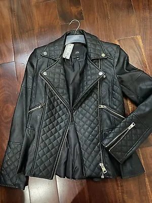 Buy RIVER ISLAND Black Vegan Leather Berlin Doll Biker Jacket Size 6 NEW W/tags • 39.99£