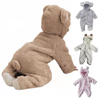 Buy Newborn Baby Boy Girl Hooded Romper Jumpsuit Bear Plush Fleece Winter Clothes • 7.89£