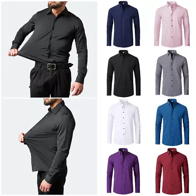 Buy Elasticity Mens Casual Long Formal Social Shirt  High  Sleeve Slim Fit Shirts • 11.99£