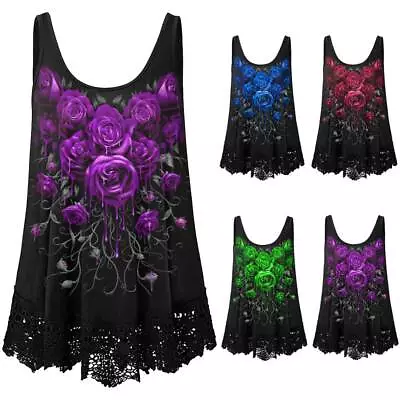 Buy PLUS SIZE Women Floral Vest Tops Lace Ruffle Swing Casual Gothic Tank T-Shirt UK • 3.99£