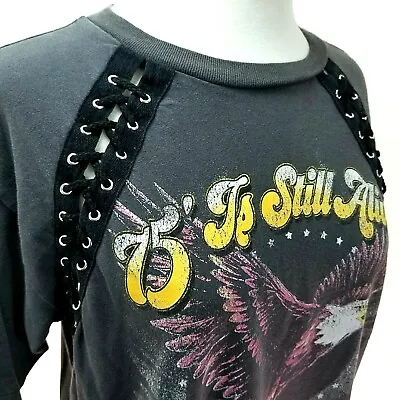 Buy FOREVER 21 Graphic T-Shirt Gray Black Eagle 75' Is Still Alive Lace Up Women's M • 17.81£
