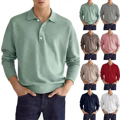 Buy Mens Lapel Neck Business Polo Shirt Casual Long Sleeve Tee Tops Sport T Shirts • 9.99£