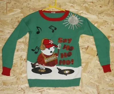 Buy It's Our Time Green Ugly Christmas Jumper DJ Snow Playing Records Sequins XS • 12.10£