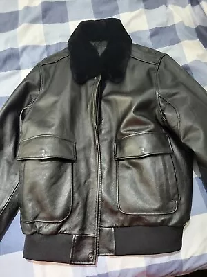 Buy Mens Black Leather Jacket With Detachable Fur Collar Xl • 75£