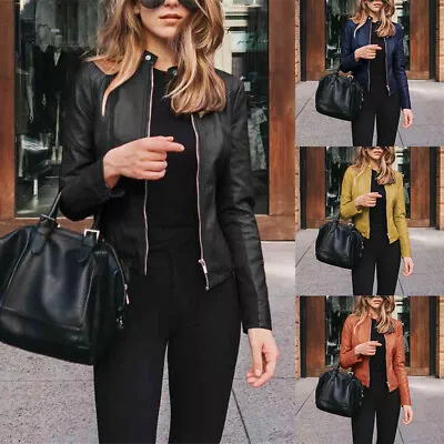Buy Ladies Jacket Outwear Ladies Casual Biker Blazer Coat Zip Up Tops Faux Leather • 16£
