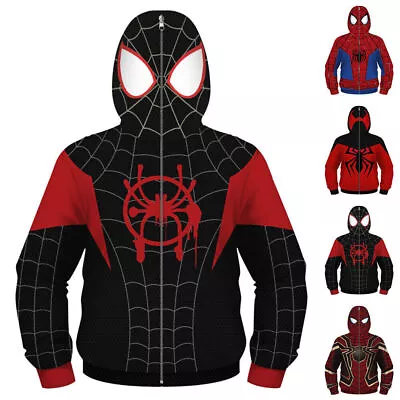 Buy Spiderman Cosplay Costume Kids Miles Morales Hoodie Zip Sweatshirt Coat Jacket • 16.86£