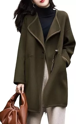 Buy Women's Elegant Shawl Collar One Button Woolen Trench Pea Coat Jacket Outwear • 46.79£