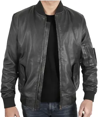 Buy Mens Leather Bomber Jacket - Military Black Biker Lambskin Leather Jacket Men • 54£