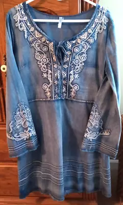 Buy Aztec Embroidered Acid Washed Jean Dress Denim Boho Gypsy Shift Size Large 10-12 • 14.20£