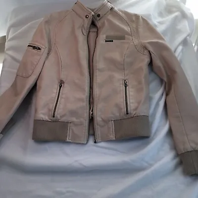 Buy Members Only Faux Leatherpale Dusty Pink Jacket Size S With Tan Knit Bands • 18.94£