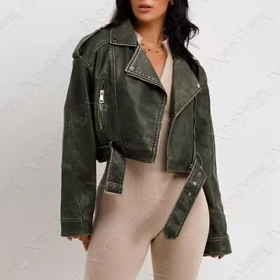 Buy Ladies Cropped Faux Leather Biker Jacket Zip Zara Style Women Stone Wash Pu Coat • 49.99£