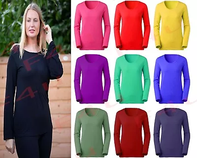 Buy Womens Plain T-shirt Ladies Long Sleeve Scoop Neck T Shirt Top Plus UK Size 8-26 • 7.99£
