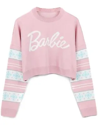 Buy Barbie Cropped Christmas Jumper Womens Snowflakes Fairisle Pink Knitted Sweater • 32.95£