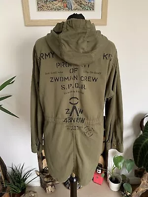 Buy Rare ZARA Khaki Military ARMY FASHION KIT Hooded Denim Coat Jacket Parka Small • 32.99£