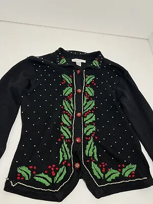 Buy Vintage Arriviste Christmas Sweater Cardigan Large Crewel Beaded • 18.94£