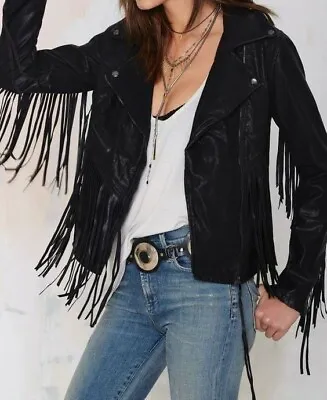 Buy Womens Cowhide Leather Black Fringe Native American Western Jacket 80's Style • 139.99£