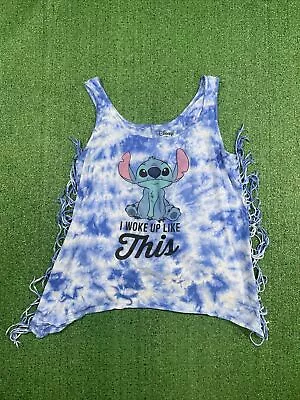Buy Disney Stitch Blue Tie Dye “I Woke Up Like This” Tank Top With Fringe, Size XXL • 9.57£