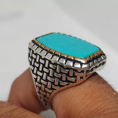 Buy Solid 925 Sterling Silver Ring Men Biker Turquoise Stone Vintage Jewelry SZ 8.75 • 53.20£