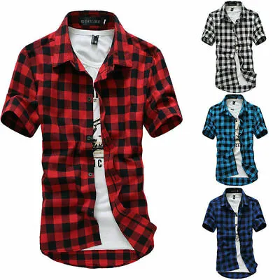 Buy Men Check Shirts Flannel Brushed Short Sleeve Slim Top Casual T-Shirt Summer New • 7.18£