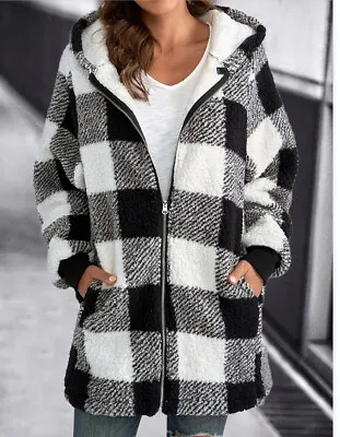 Buy Women Teddy Bear Fleece Fluffy CHECK Coat Hoodie Jacket Zip Up Outwear PLUS SIZE • 17.87£