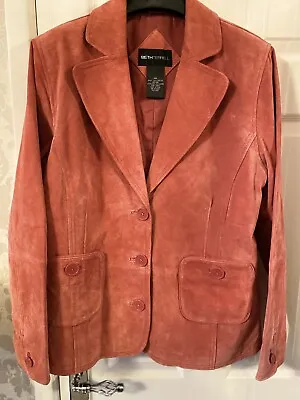 Buy WOMENS BETH TERRELL PINK BUTTON COLLARED 100% Leather SUEDE JACKET • 9.99£